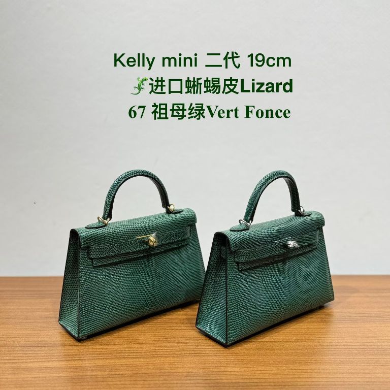 Kelly Mini II 19cm-Lizard Leather(67 Vert Fonce）-003