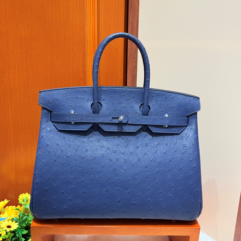 Birkin  35cm-Ostrich Skin(73 blue saphir)-002