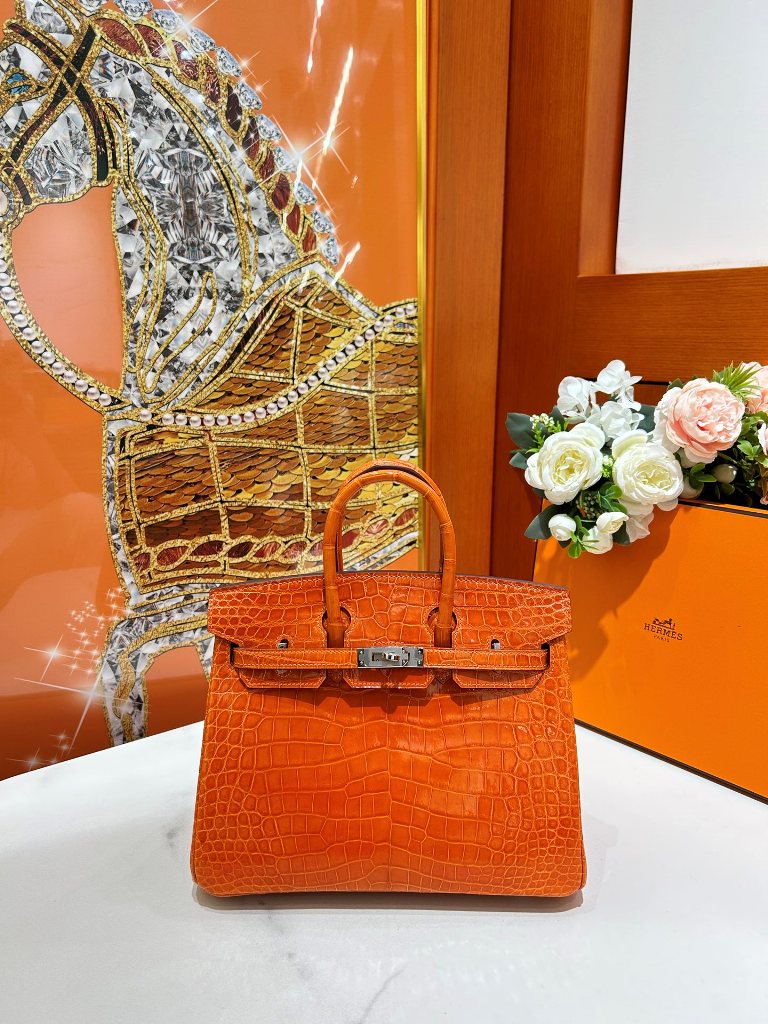 Birkin-Shinny Crocodile Leather(orange)silvery-033