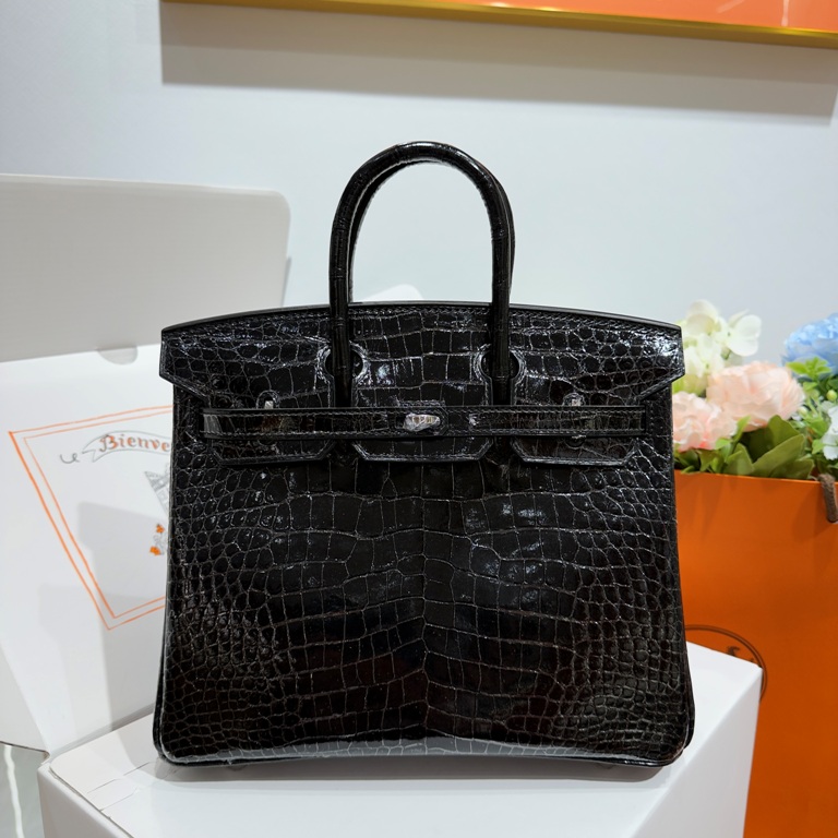 Birkin-Shinny Crocodile Leather(black)silvery-023