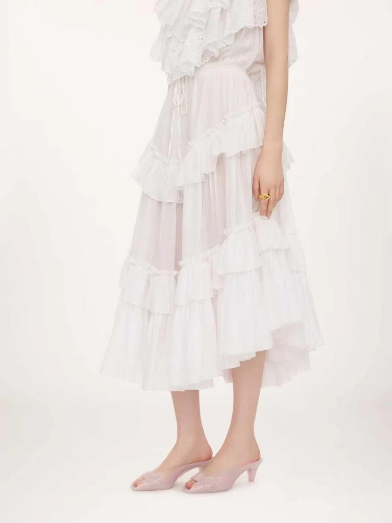Chloé Layered Ruffled Midi Skirt in Cotton Voile-A