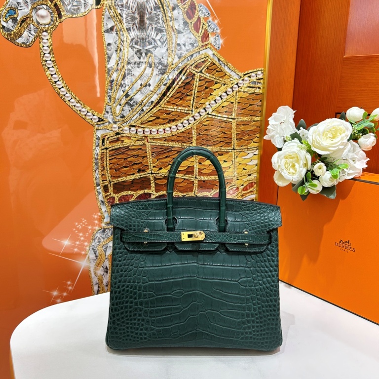 Birkin 25cm-Matte Crocodile Leather(6O Vert Cypres)-007