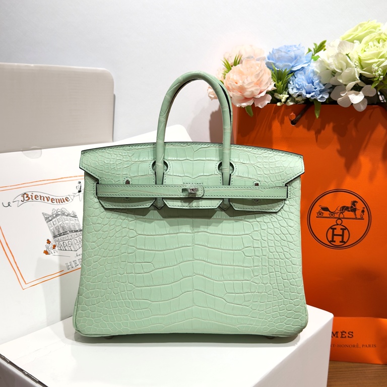 Birkin 25cm-Matte Crocodile Leather(6U VERT Green)-006